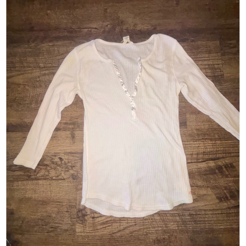 American Eagle Outfitters Sheer Waffle Knit Henley Top White Medium